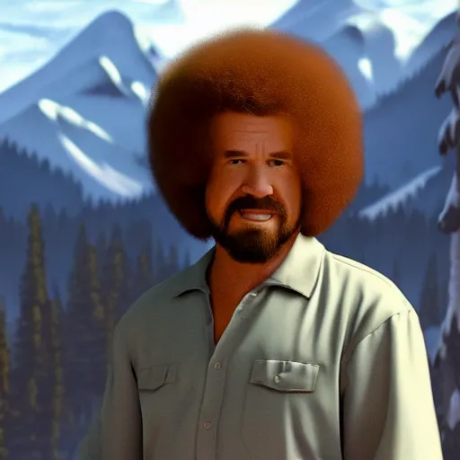 Image similar to a closeup photorealistic photograph of bob ross as kenny powers. mountains and trees. film still. brightly lit scene. this 4 k hd image is trending on artstation, featured on behance, well - rendered, extra crisp, features intricate detail, epic composition and the style of unreal engine.