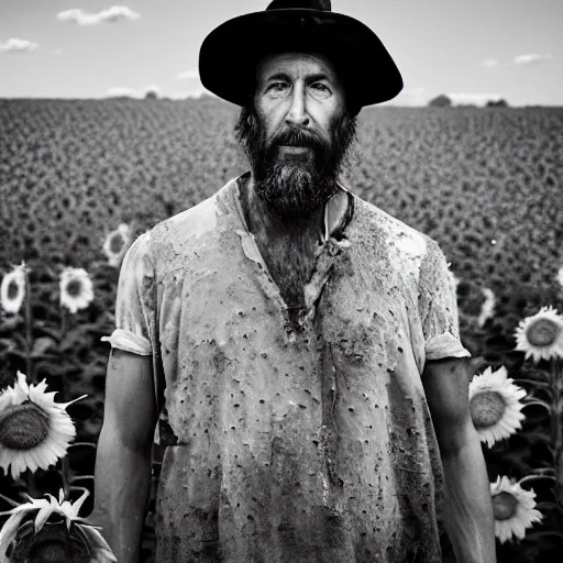 Prompt: A wet-collodion photograph of a man standing in a field of sunflowers with an apple on his head, shallow depth-of-field