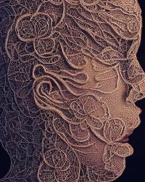 Image similar to a woman's face in profile, made of intricate decorative lace leaves, in the style of casey weldon