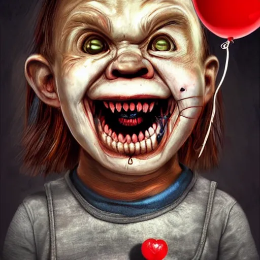 Image similar to surrealism grunge cartoon portrait sketch of chucky with a wide smile and a red balloon by - michael karcz, loony toons style, mad max style, horror theme, detailed, elegant, intricate