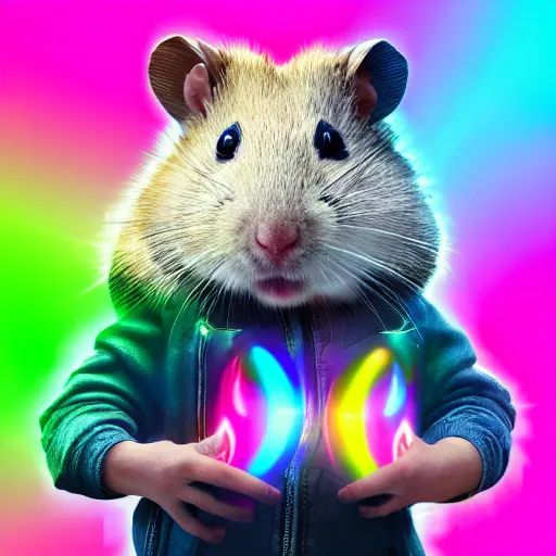 Image similar to cyberpunk hamster! holding rainbow! gem! crystal, neon lights, light reflection, 8 k, hd