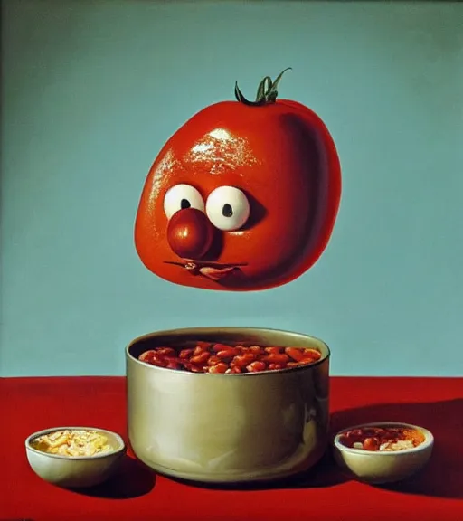 Prompt: mr beans head smiling in a bowl full of baked beans, covered in beans and tomato sauce, surrealist oil painting, highly detailed
