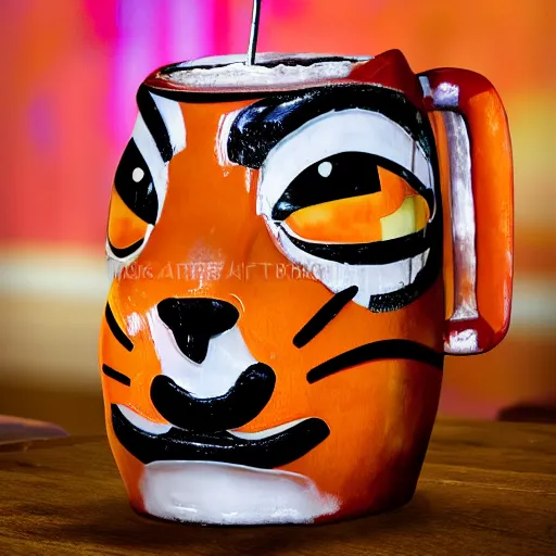 Image similar to a closeup photorealistic photograph of an orange cat garfield style tiki mug at a trader vic's bar with garfield's face on the front. tiki party. bright scene. fine detail. this 4 k hd image is trending on artstation, featured on behance, well - rendered, extra crisp, features intricate detail, epic composition and the style of unreal engine.