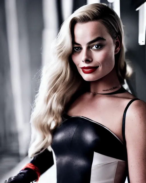 Image similar to A portrait of a margot robbie in a cosplay uniform, piercing eyes, highly detailed, bokeh, professional photograph, full body shot 4K, HD