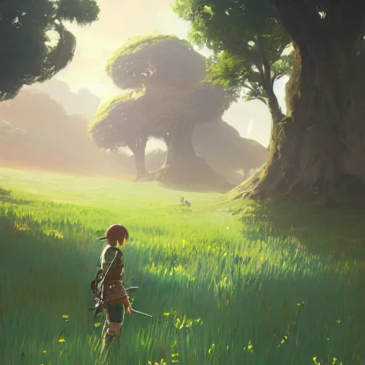 Image similar to landscape painting of a beautiful lush field. clean sharp digital art, environment concept art, by rossdraws, ghibli, breath of the wild, greg rutkowski