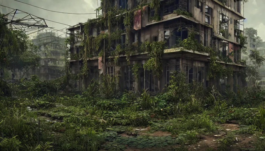 Image similar to Abandoned Building Overgrown by beautiful plants, Dystopian Slum, Hyperrealism, Hyperdetailed, Intricate Details, Anamorphic Lens, Cinematic Lighting, Volumetric Lights, Raytracing Reflections, Unreal Engine 5