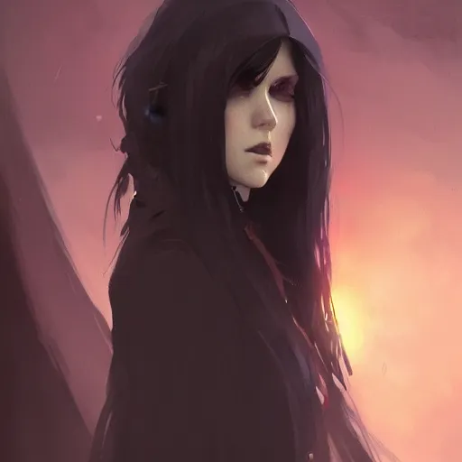 Image similar to female human vampire witch in the style of greg rutkowski, makoto shinkai, trending on artstation, character design, concept art, pretty face, highly detailed, long black hair, portrait, digital art