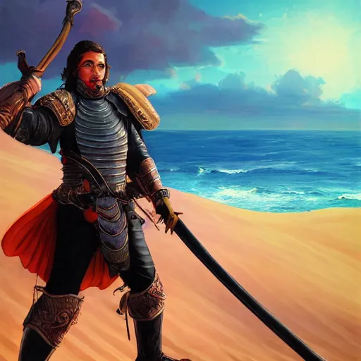 Image similar to a man holding a large blunderbuss. leather armor, no helmet. standing in a sand dune. colorful, bright, fantasy, artgerm, dnd, fantasy, rpg