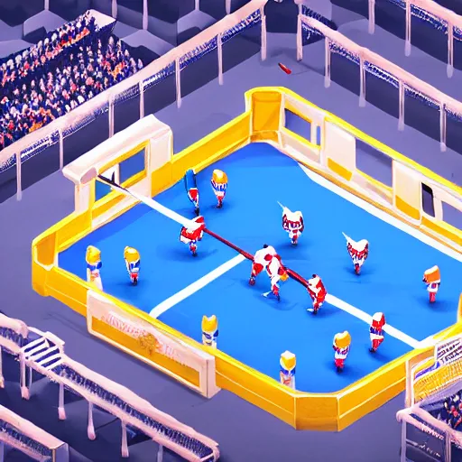 Image similar to Huge hockey arena game illustration, aerial view, isometric Voxel, pixel art, Blizzard, EASports, intricate, elegant, highly detailed, digital painting, artstation, 3d, concept art, smooth, sharp focus, art by Roman Klco and Shadow Run, brightly lit cinematic soft lighting, 4k