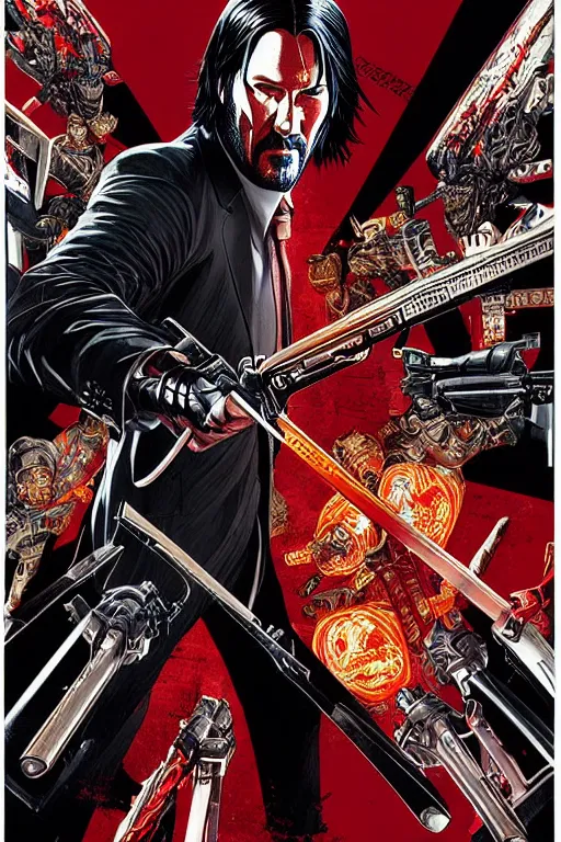 Image similar to poster of john wick as cyborg samurai, by yoichi hatakenaka, masamune shirow, josan gonzales and dan mumford, ayami kojima, takato yamamoto, barclay shaw, karol bak, yukito kishiro, highly detailed