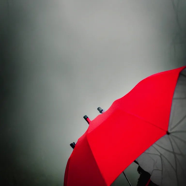 Prompt: atmospheric haze a close up of a person's face with a red umbrella photoshot by karah mew