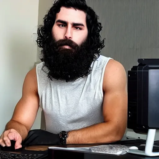 Prompt: a chad with wavy black hair and a beard. muscular. godlike. tank top. using a computer.