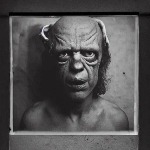 Image similar to photo portrait of ugly brutal animal face male cultist by Diane Arbus and Louis Daguerre