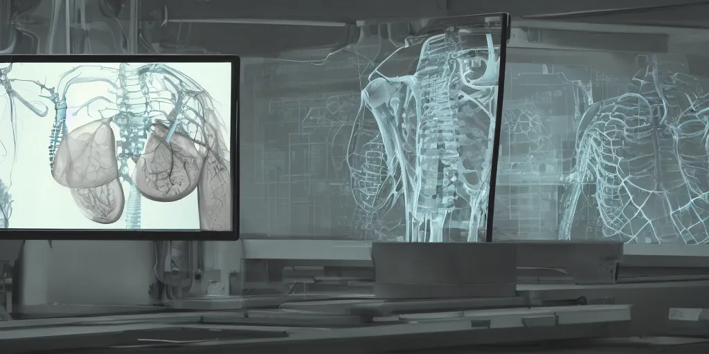 Prompt: detailed view of an xray machine screen with an xray of lungs on the screen, hyper detailed parts, designed by Goro Fujita and Simon Stalenhag, 8k, trending on Artstation, cinematic