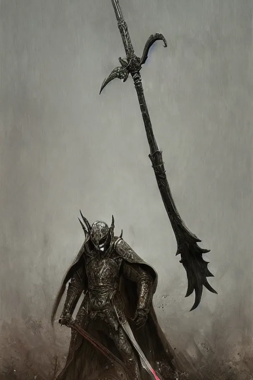 Image similar to Nicolas Cage as knight in dark robe with a giant reaper scythe, dark fantasy, intricate, highly detailed, smooth, artstation, painted by Wayne Barlowe, Greg Rutkowski, zdislav beksinski, Francis Bacon