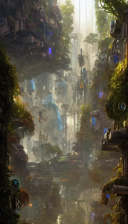 Image similar to hyper realistic cyberpunk city, overtaken by lush plants, gnarly trees by tom bagshaw, mucha, gaston bussiere, craig mullins, j. c. leyendecker 8 k