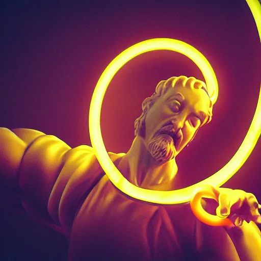 Prompt: a renaissance statue surrounded by a 3 d neon ring 3 d render, black background, ray tracing, 8 k resolution, shar focus, hyper detailed, hyper realistic