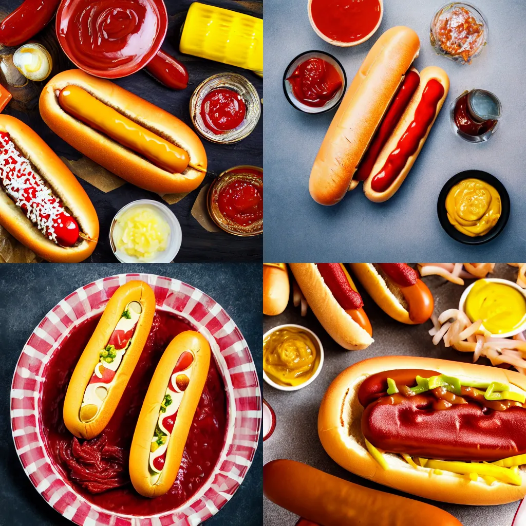 Prompt: Photograph of a hot dog, ketchup, mustard, relish, onions, food photography