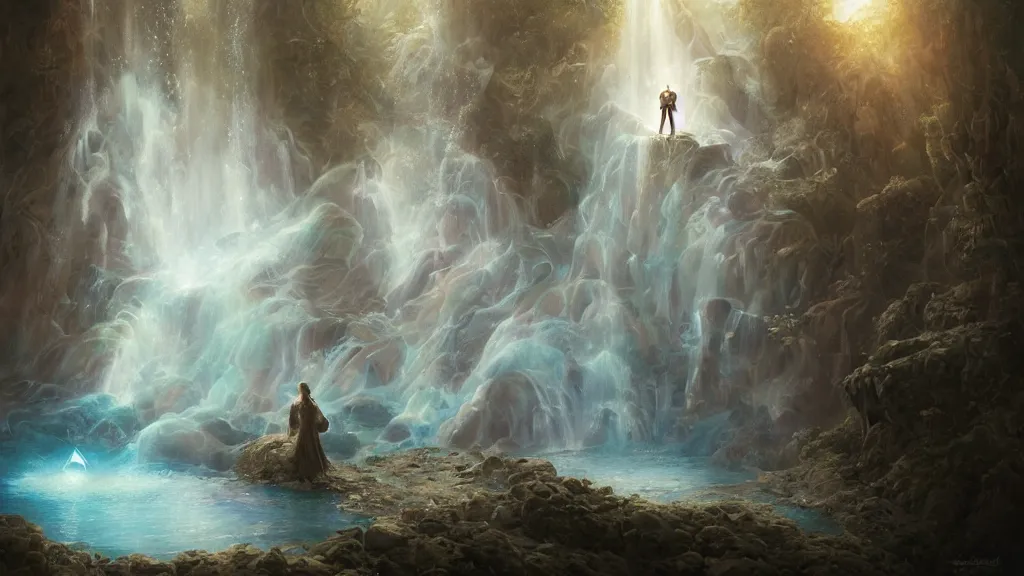 Prompt: in the reflexion of the magical water rest the keeper of the prism, the key to dream, oil painting, high resolution 4 k, by tom bagshaw, greg rutkowski, and artgeem