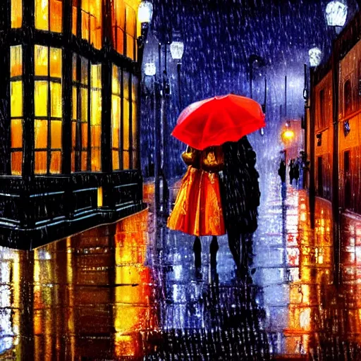 Image similar to of london city at night in the rain reflections and a beautiful women with an umbrella artistic digital art lots of detail cinematic uplighting