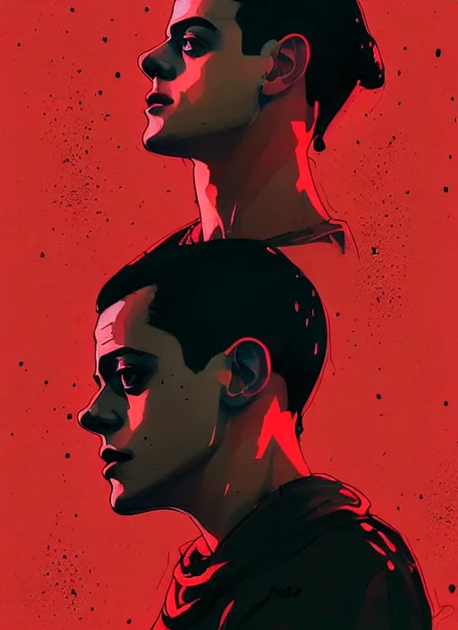 Image similar to highly detailed moody portrait of rami malek, elliot anderson, black hoody by atey ghailan, by greg rutkowski, by greg tocchini, by james gilleard, by joe fenton, by kaethe butcher, gradient red, black and white color scheme, grunge aesthetic!!! ( ( graffiti tag wall background ) )