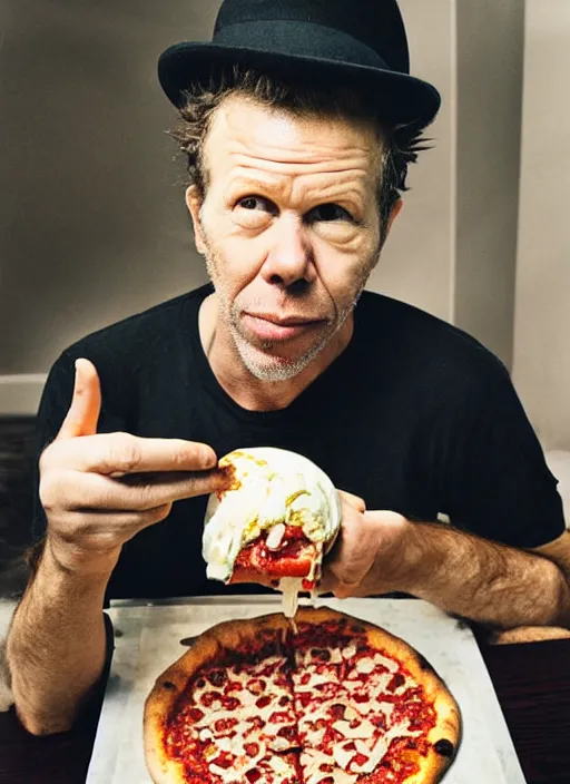 Prompt: Tom Waits eating pizza with ice cream on top, color photograph portrait 4k