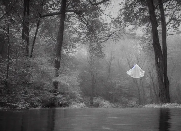 Image similar to photo of a ghostly figure floating over a river, cinematic, blair witch project, real