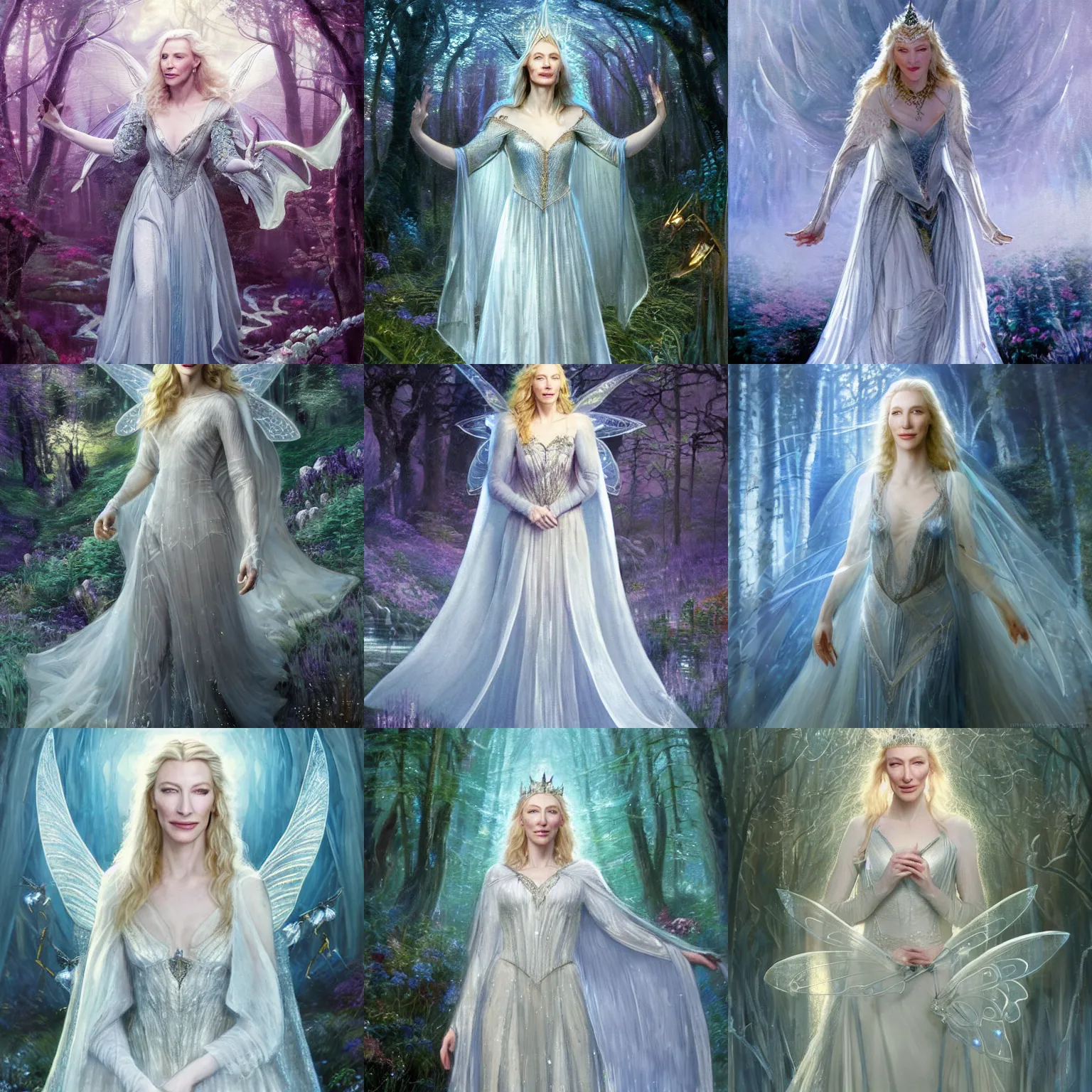 Prompt: portrait of Cate Blanchett's Galadriel as a queen of fairies, dressed in a beautiful silver dress, the background is a realistic, eastern europen forrest, start, night, blue tones, magical, contrasts, lumnious, fantasy character concept art by ruan jia, thomas kinkade, and J.Dickenson, trending on Artstation