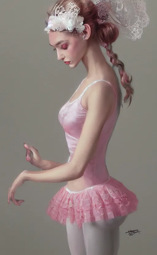 Prompt: pink dress, white lace headband, goddess in ballet pose, large beautiful eyes, eyeliner, lipstick, highly detailed, digital painting, trending on artstation, concept art, sharp focus, illustration, art by artgerm and greg rutkowski and magali villeneuve