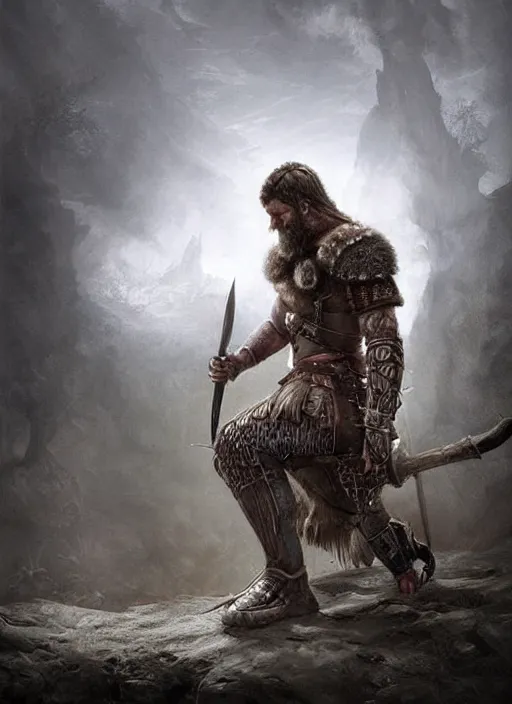 Prompt: aesthetic digital illustration of a defeated viking warrior on his knees by anne stokes, greg rutkowski, and brian belle din | dirty and bloody, concept art, character concept, matte background. unreal engine, finalrender, centered, deviantart, artgerm