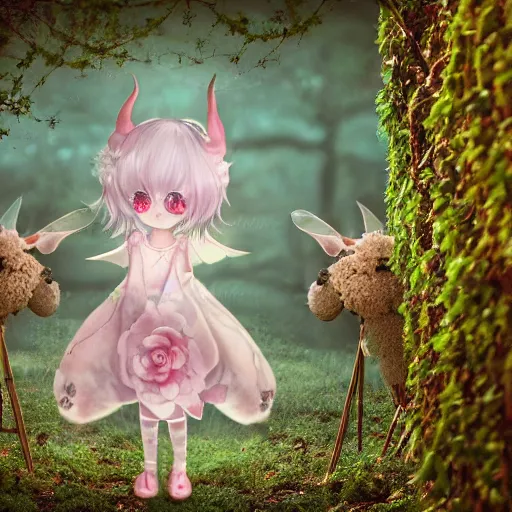 Image similar to cute fumo plush girl among vines in the middle of a foggy dark cursed rose garden under a blue sky, beautiful glowing ethereal gothic magical wraith fairy girl with dark eyes, horns, sheep girl, anime, tattered dress, bokeh, vray