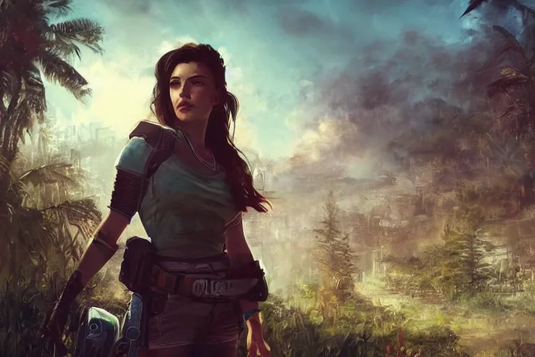 Image similar to fallout 5, charismatic beautiful rugged brunette female protagonist, portrait, outdoors tropical cityscape, atmospheric lighting, painted, intricate, volumetric lighting, beautiful, daytime, sunny weather, few clouds, sharp focus, deep colours, ultra detailed, art by william turner