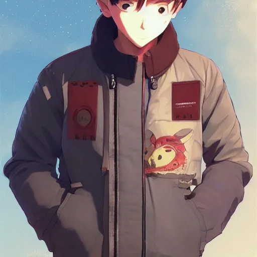 Image similar to a handsome young man! model, wearing ma - 1 flight suit jacket and overalls, bulky poofy bomber jacket with mayan patterns, trending on pixiv fanbox, painted by greg rutkowski makoto shinkai takashi takeuchi studio ghibli, akihiko yoshida