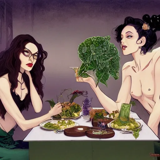 Image similar to a beautiful picture of doctor poison ivy professor of botany and doctor liliana vess professor of demonology having lunch, academic clothing, dark eyeliner, intricate, elegant, highly detailed, digital painting, artstation, concept art, matte, sharp focus, illustration, art by bob ross and hokusai