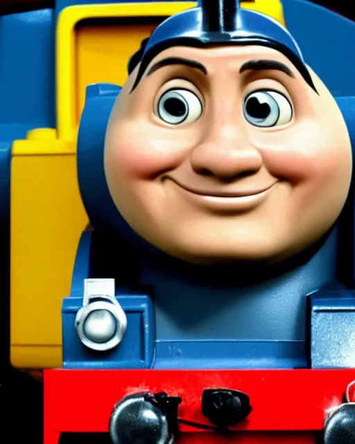 Prompt: Film still close-up shot of Dwayne Johnson as the Thomas the Tank Engine from the movie Thomas and the Magic Railroad. Photographic, photography