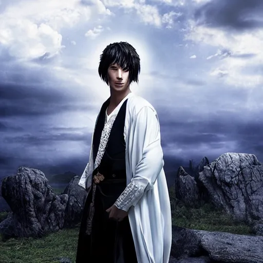 Image similar to a portrait of a young handsome prince, white hair, fringy bangs, white shirt and black tunic, smooth, epic clouds, beautiful landscape, backlit, incredible lighting, strong rim light, highly detailed, god rays, digital painting, HDRI, by Heise Jinyao, Heise-Lian Yan Fang, Feimo, Richard Taddei, vivid colors, high contrast, 8k resolution, intricate, photorealistic