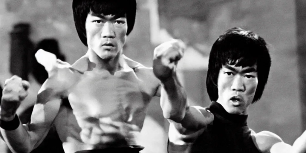 Image similar to bruce lee as hard fighting woman with gorgeous lang black hair