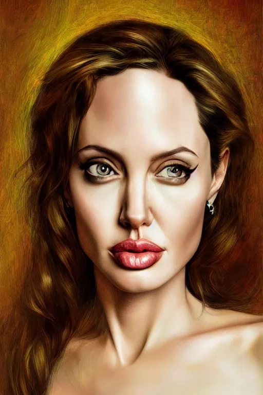 Prompt: A beautiful portrait of angelina jolie , frontal, digital art by Eugene de Blaas and Ross Tran, vibrant color scheme, fine art, highly detailed, in the style of romanticism