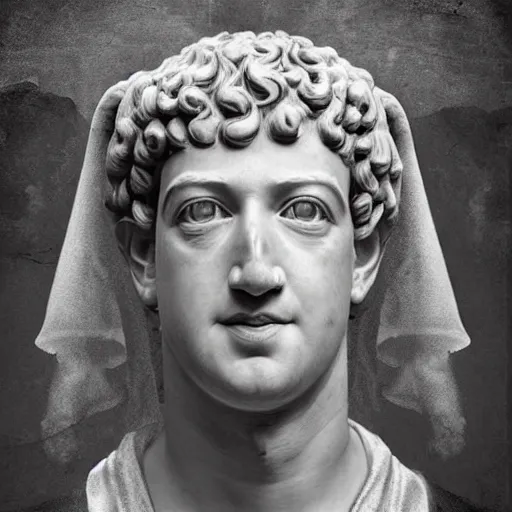 Image similar to mark zuckerberg as a roman noble senator. dressed in a toga. serious facial expression. on ancient roman fresco, detailed, intricate artwork, photo of a wall. well - preserved but faded