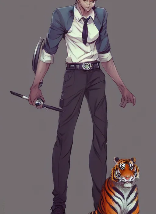 Image similar to character portrait of a male anthro Tiger fursona wearing a dress shirt and slacks in a futuristic city. Character design by charlie bowater, ross tran, artgerm, and makoto shinkai, detailed, inked, western comic book art