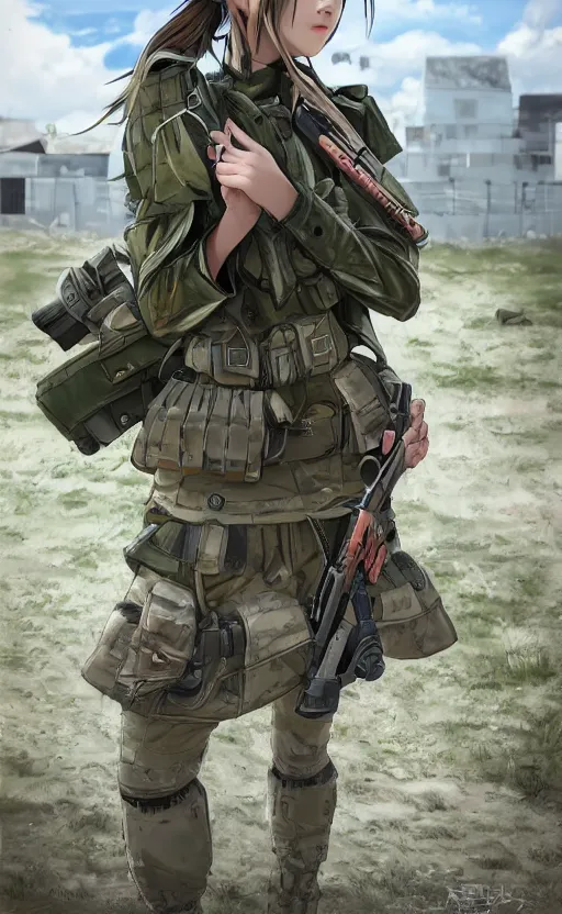 Image similar to portrait of a female soldier, highly detailed, high resolution, military camp in the background, genshin impact visual style, illustration, stunning, girls frontline style, bokeh soft, 3d rendering, trending on artstation, 100mm, award winning photography, by professional photographer, realistic human anatomy, realistic military carrier, modern warfare, realistic weapon, shot with a arriflex 35 ii, low saturation, small eyes, thick artline