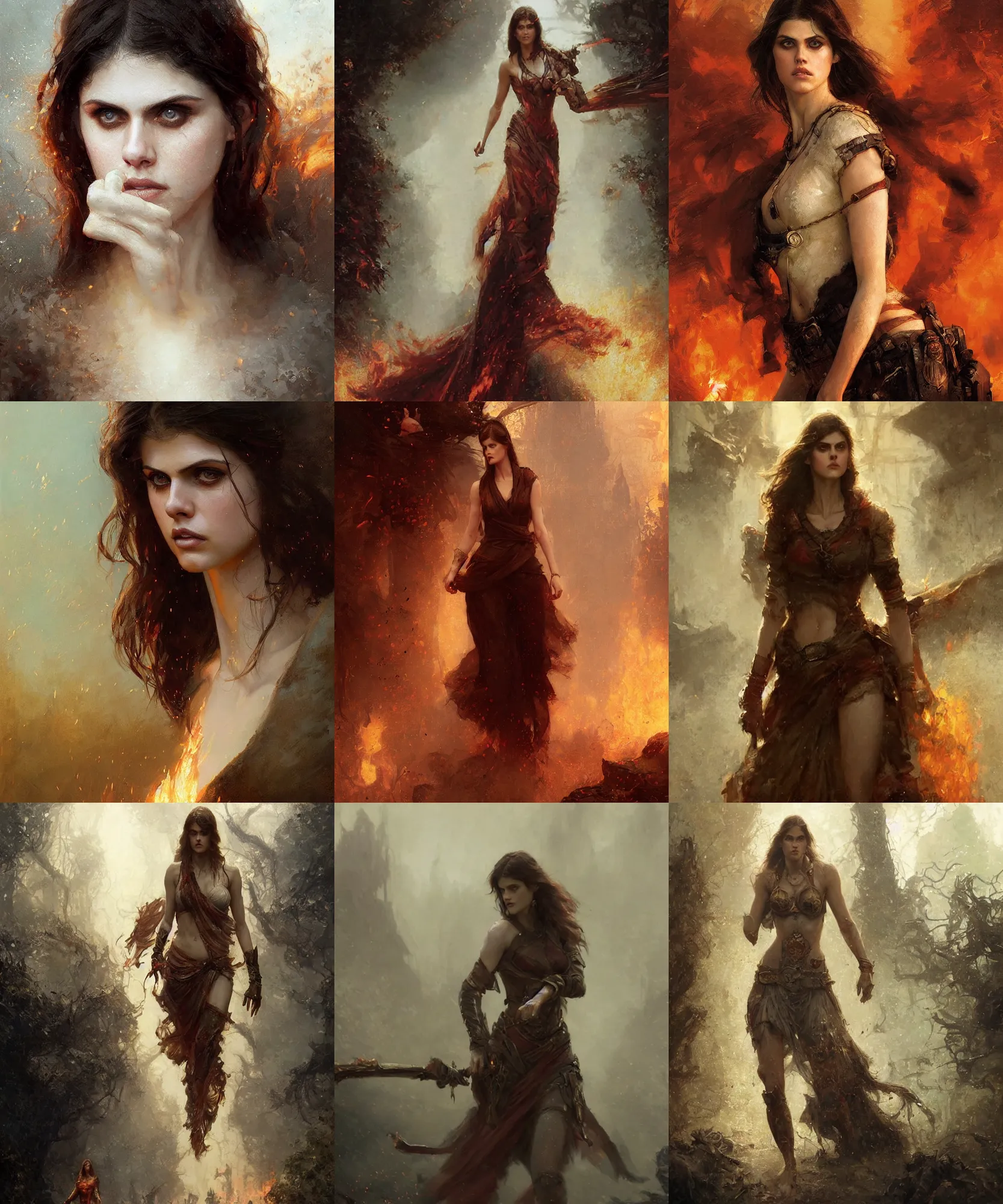 Prompt: digital art painting of alexandra daddario walking through the wild fire dnd portrait painted by craig mullins and gaston bussiere and greg rutkowski, symmetrical face, defined facial features, symmetrical facial features, dramatic lighting, close up