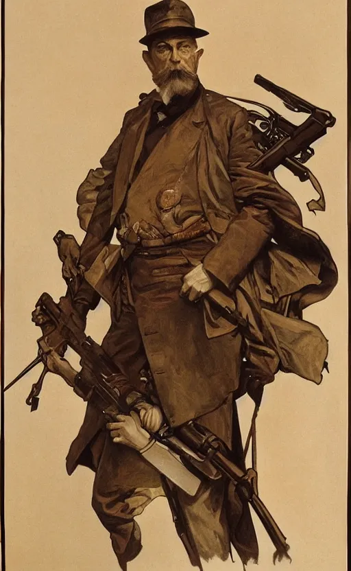 Prompt: portrait of John Brown holding a rifle, lithograph by Alphonse Mucha and Greg Rutkowski and David Lozeau