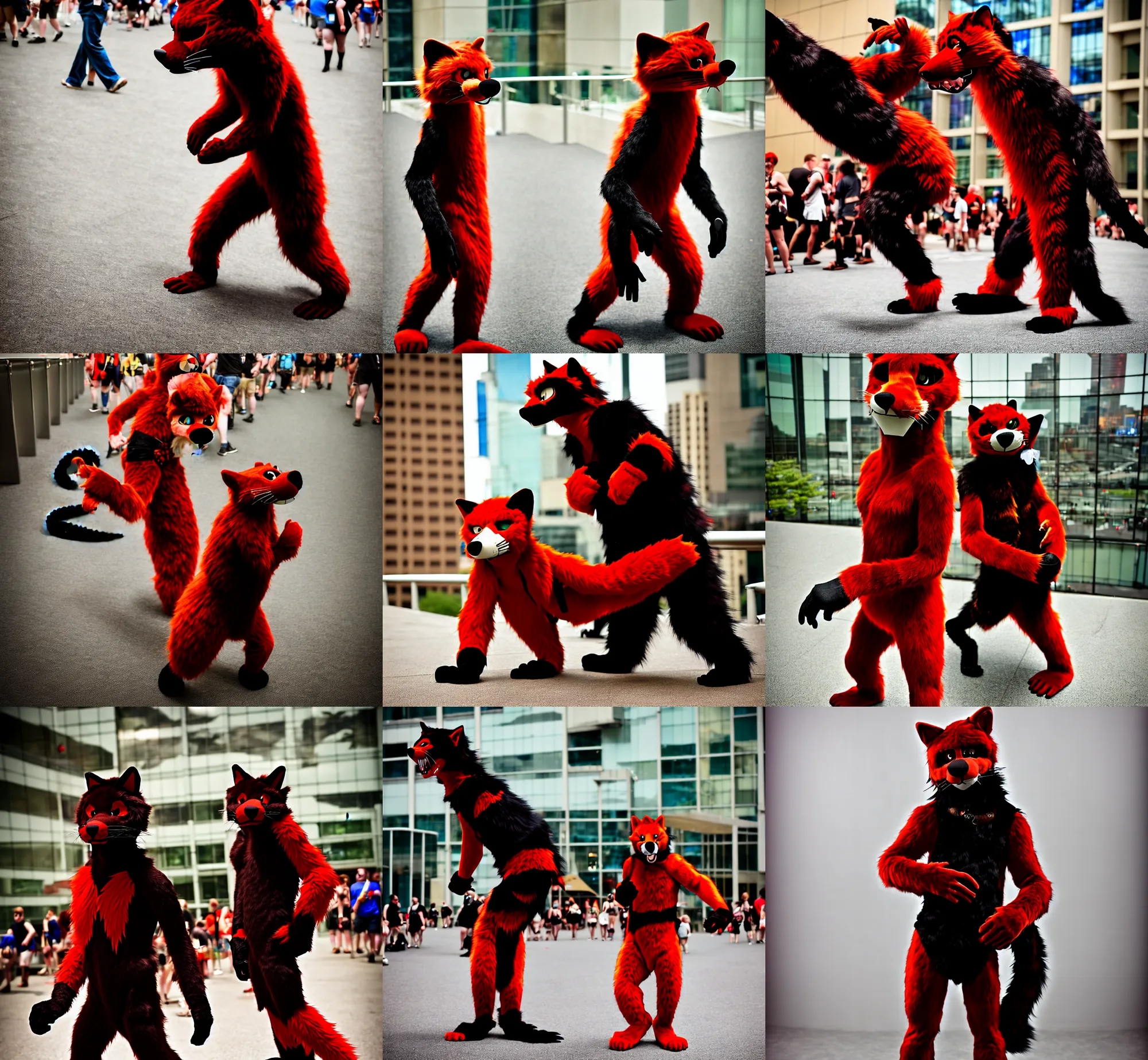 Image similar to fullbody photoshoot photo portrait of a roguish male red - black furred bipedal weasel furry fursuiter ( with tail ), taken at anthrocon ( furry convention )