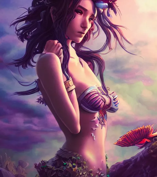 Prompt: an epic fantasy comic book style portrait painting of a sexymermaid, studio ghibli, unreal 5, daz, hyperrealistic, octane render, cosplay, rpg portrait, dynamic lighting, intricate detail, harvest fall vibrancy, cinematic