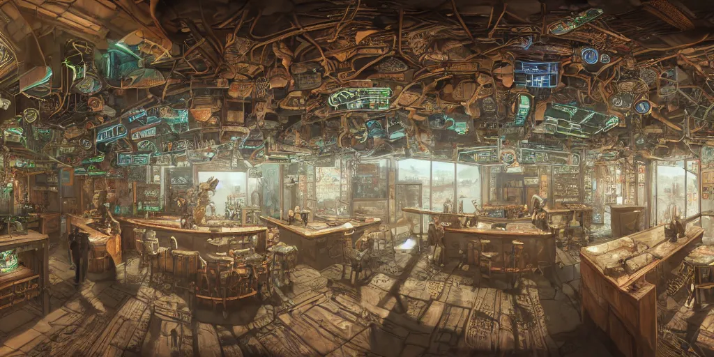 Prompt: Highly detailed realistic photo of interior design in style of minimalism by Hiromasa Ogura and Josan Gonzalez of detailed cyberpunk tavern with stone walls and neon lights, a lot of electronics and people, many details. Natural white sunlight from the transperient roof. Panorama on 360 degrees Rendered in 32K in VRAY and DaVinci Resolve and MAXWELL and LUMION 3D, Volumetric natural light