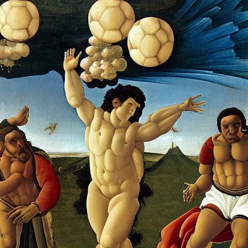 Image similar to painting of pele and maradona in heaven with a football ball, very detailled, by botticelli