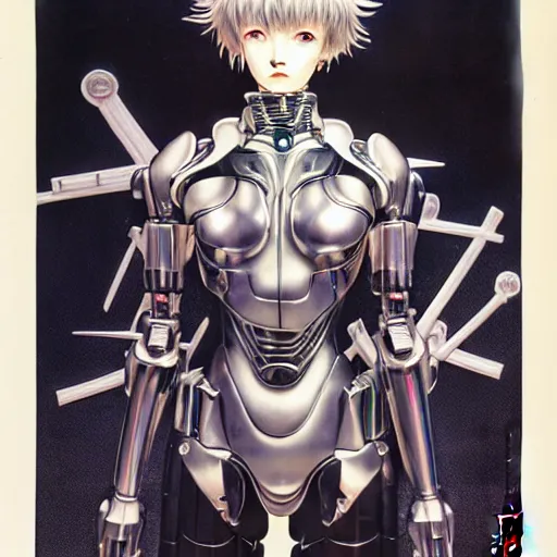 Image similar to prompt : photorealistic cinematic 3 d render of persona soft light painted by takato yamamoto, chrome mecha attributes and armor, inspired by ghost in shell anime, smooth face feature, intricate oil painting, high detail, sharp high detail, manga and anime 1 9 8 0