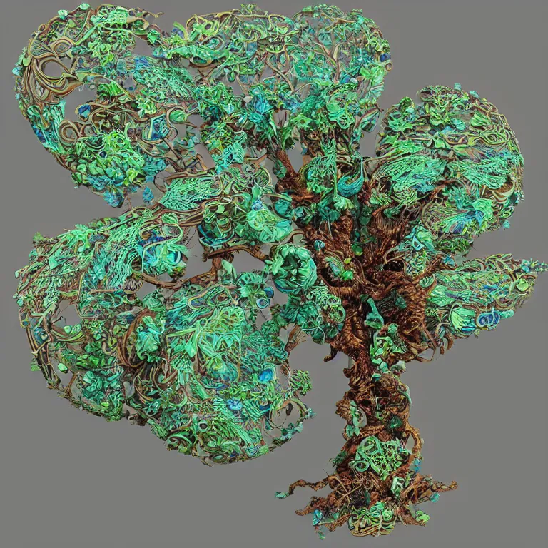 Prompt: cinema 4d colorful render, organic, ultra detailed, of a beautiful dark porcelain tree, translucid. biomechanical cyborg, analog, macro lens, beautiful natural soft rim light, big leaves and stems, roots, fine foliage lace, turquoise gold details, Alexander Mcqueen high fashion haute couture, art nouveau fashion embroidered, intricate details, mesh wire, mandelbrot fractal, anatomical, facial muscles, cable wires, elegant, hyper realistic, in front of dark flower pattern wallpaper, ultra detailed, 8k post-production