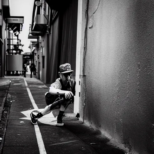 Image similar to Yitzhak Rabin wearing punk clothes and a cap doing breakdance moves in an alley, black and white, street photography, 4k, HQ